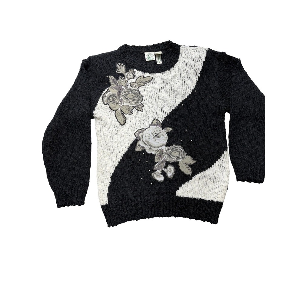 Vintage Colter Bay International Sweater Womens‎ Medium Black Floral Beaded Knit